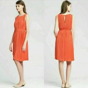 BANANA REPUBLIC $140 Tangerine Orange Pleated Belted Summer Dress Petite Sz 8P